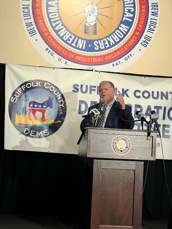 Suffolk County Democratic Committee Chairman Rich Schaffer speaks to the crowd gathered at IBEW 1049 in Holtsville. Around 11 p.m. Schaffer said that the Suffolk County Board of Elections would not have results until about 2:30 a.m.